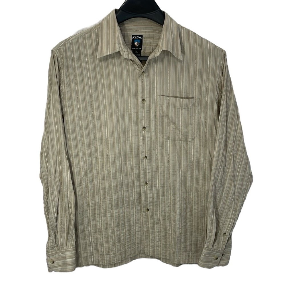 KÜHL Men's Size XL tan & white Tuflex button front long sleeve striped shirt.
